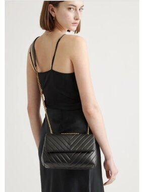 Quince Italian Leather Quilted Crossbody Bag Black Chevron Chain Strap Small bag